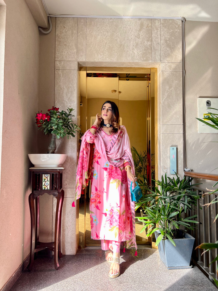 Mehak Jain in Floral Fiesta Blush Pink EMBROIDERED KURTA SET of 3