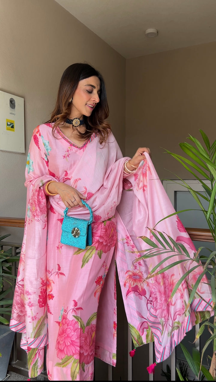 Mehak Jain in Floral Fiesta Blush Pink EMBROIDERED KURTA SET of 3