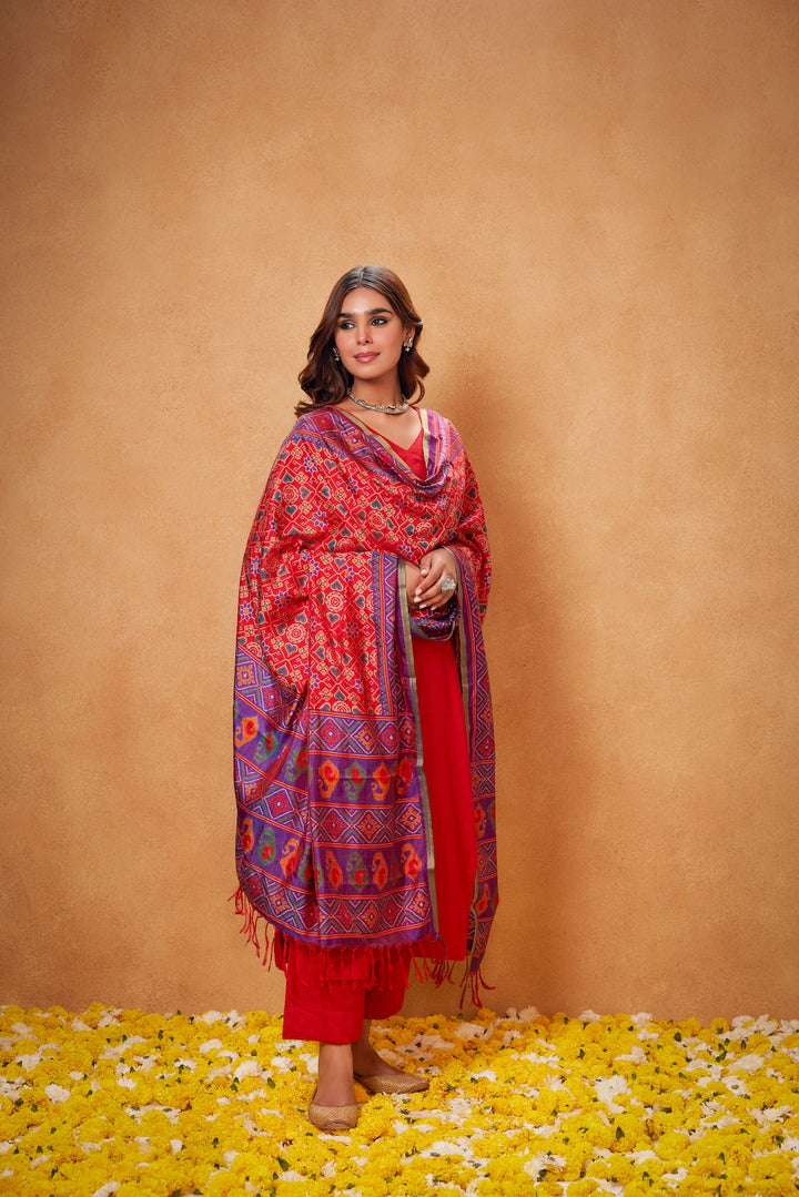 Dhanak Red Kurta, Palazzo with Red Purple Ikat Duppata -Set of 3