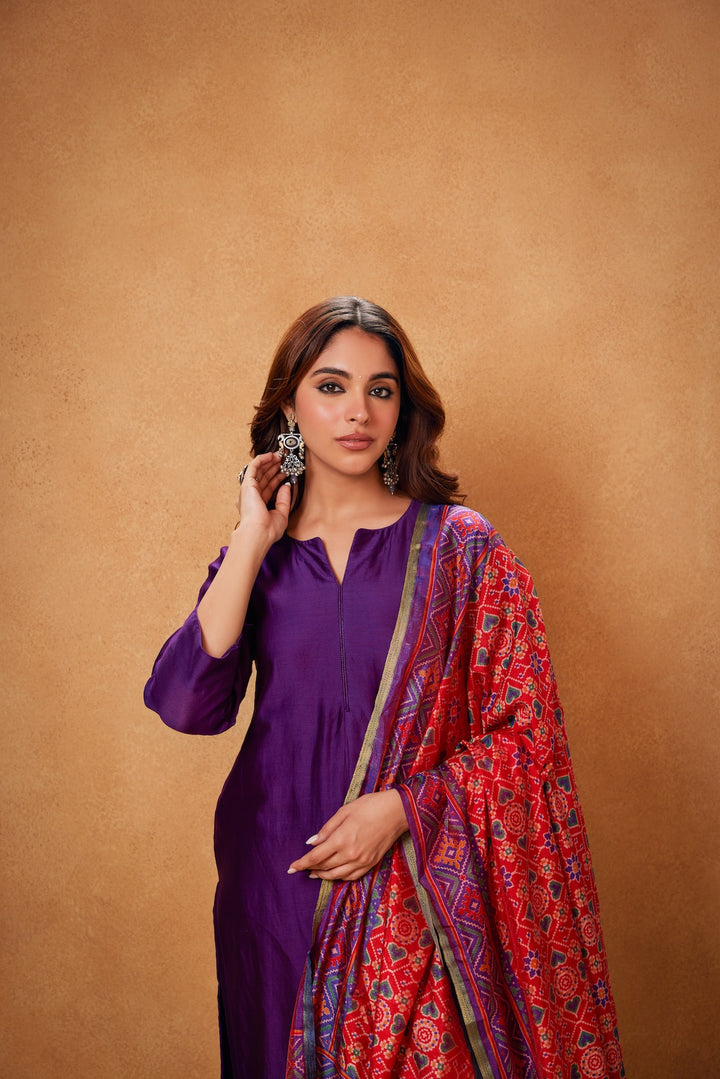 Dhanak Purple Kurta, Palazzo with Red Purple Ikat Duppata -Set of 3