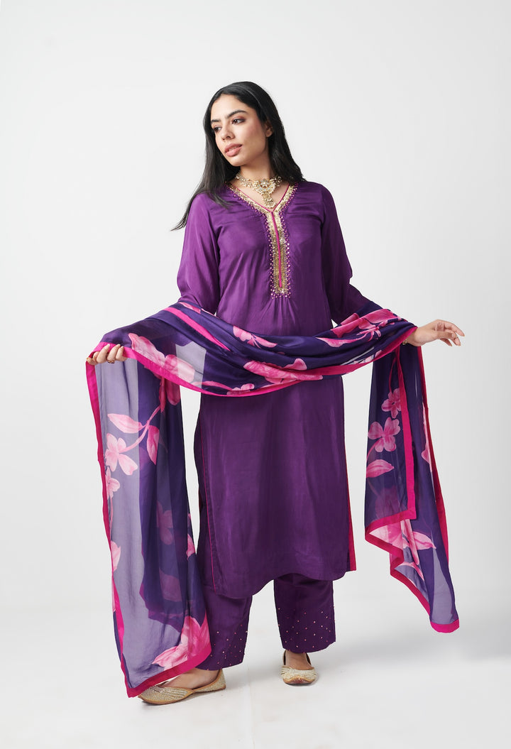 Jashn Purple Hand Embroidered Kurta set of 3