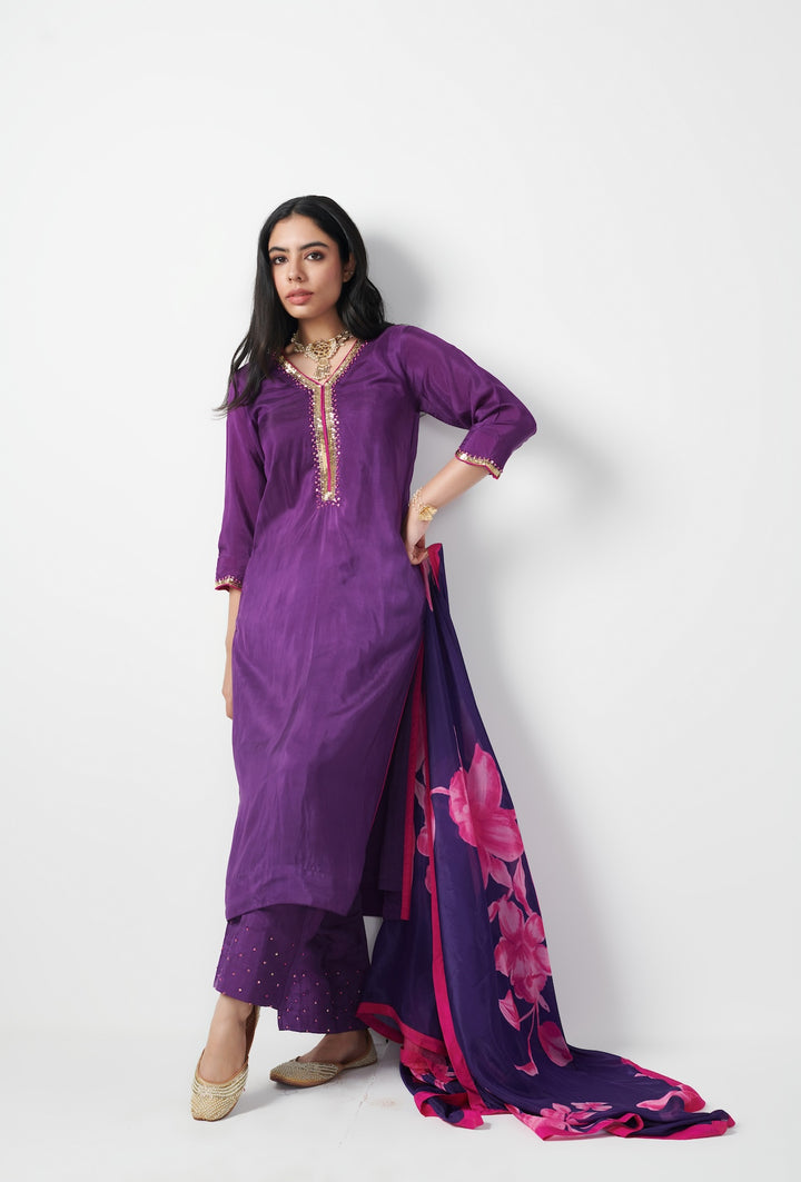 Jashn Purple Hand Embroidered Kurta set of 3
