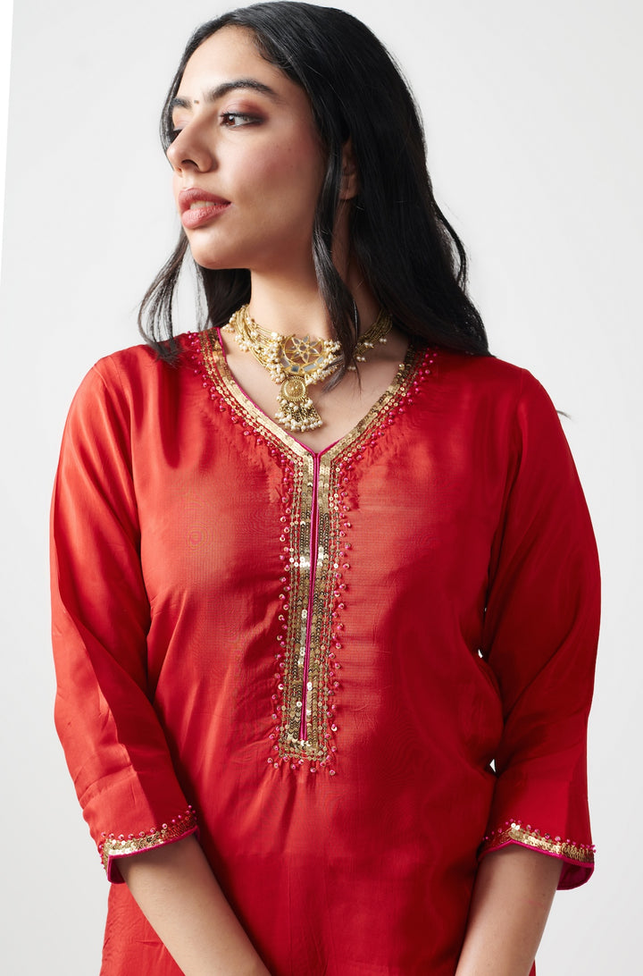 Jashn Red Hand Embroidered Kurta set of 3