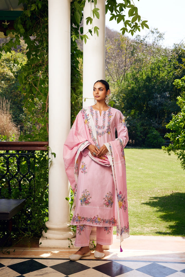 Gulzaar Blush Pink Checked Kurta Set of 3