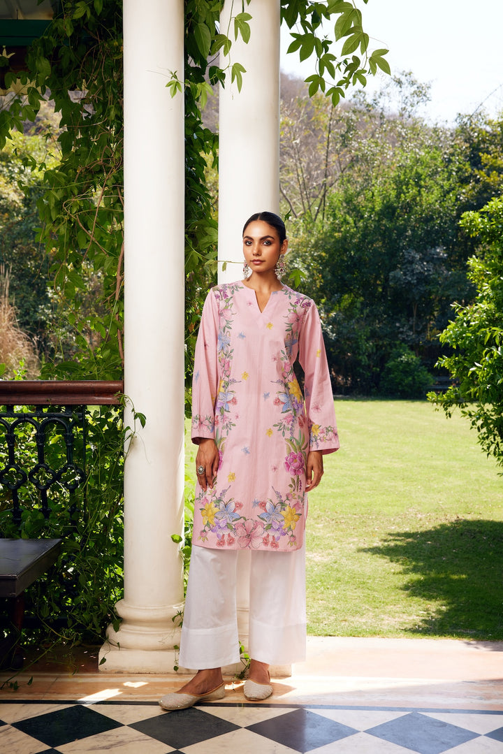 Gulzaar Blush Pink Short Floral Kurta Set of 3