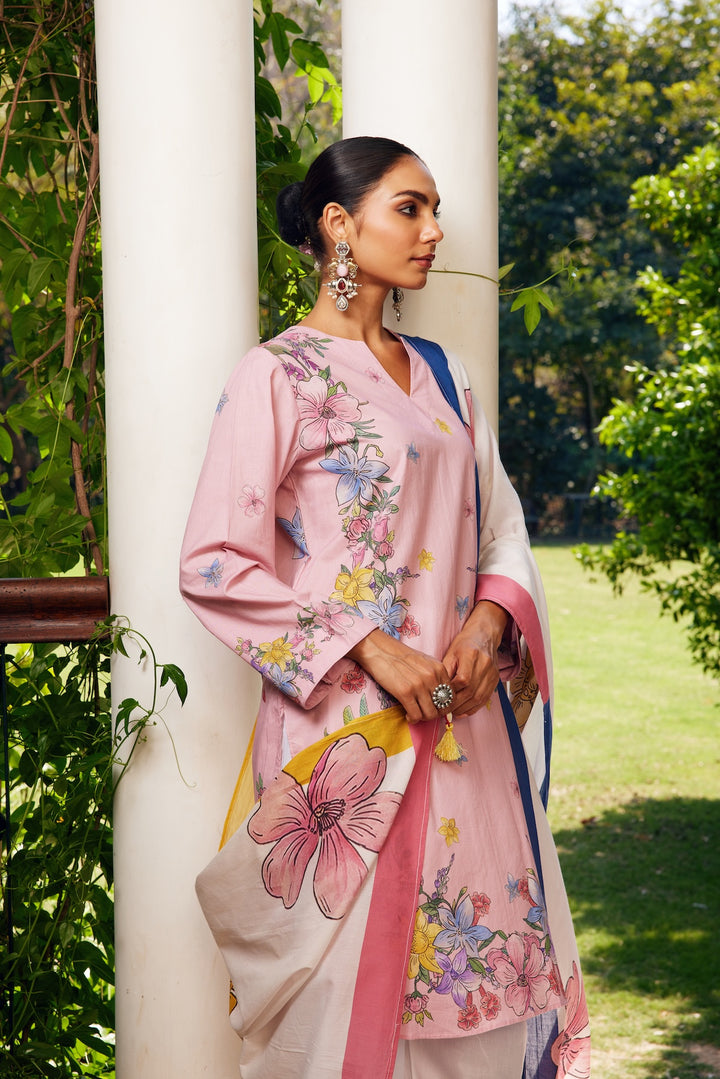 Gulzaar Blush Pink Short Floral Kurta Set of 3