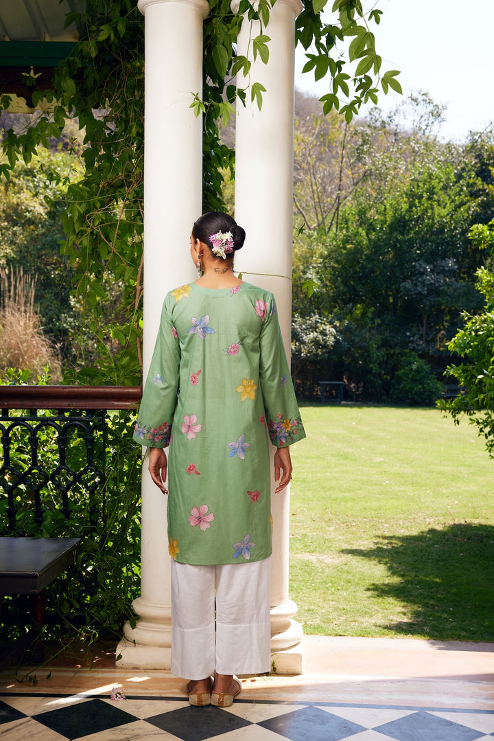 Gulzaar Sage Green Short Floral Kurta Set of 3