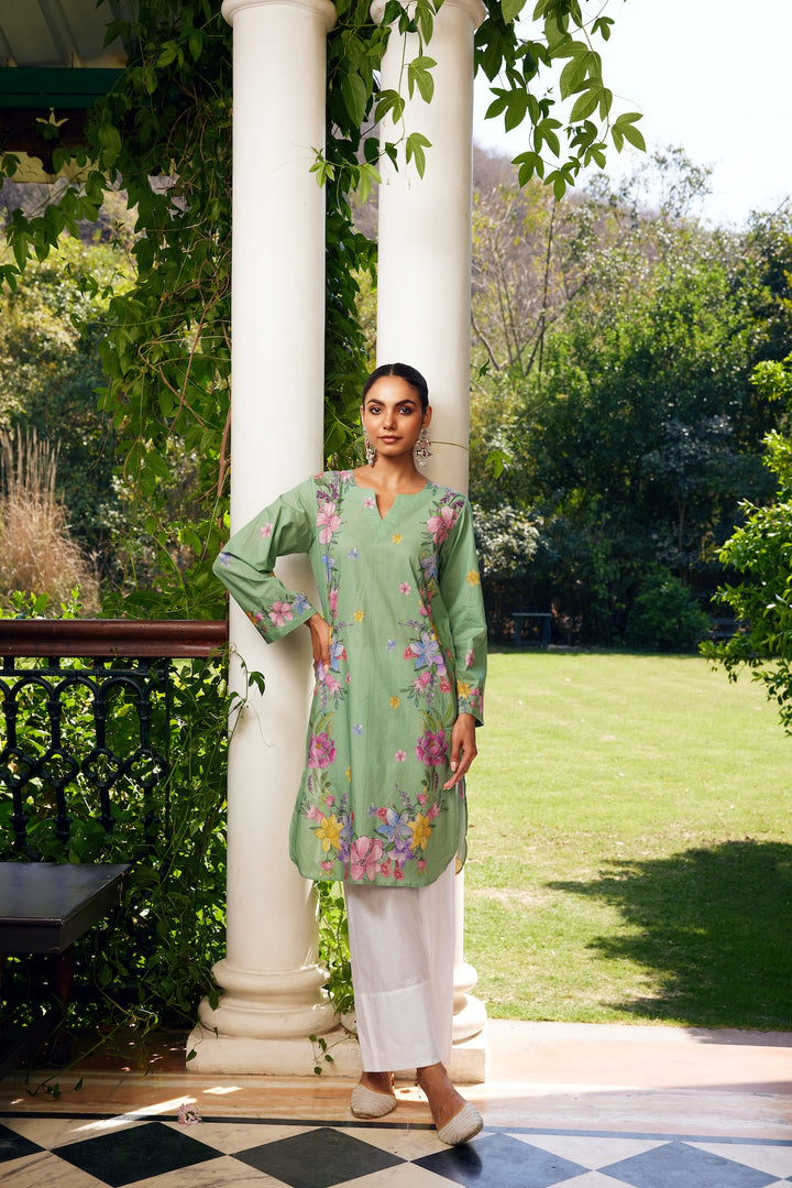 Gulzaar Sage Green Short Floral Kurta Set of 3