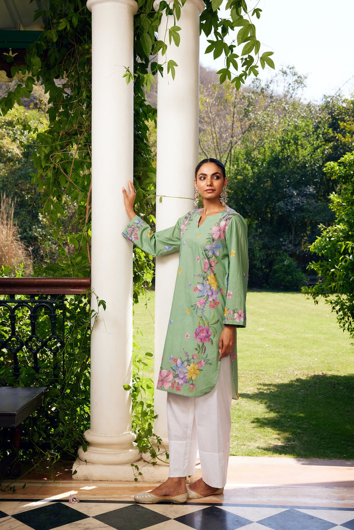 Gulzaar Sage Green Short Floral Kurta Set of 3