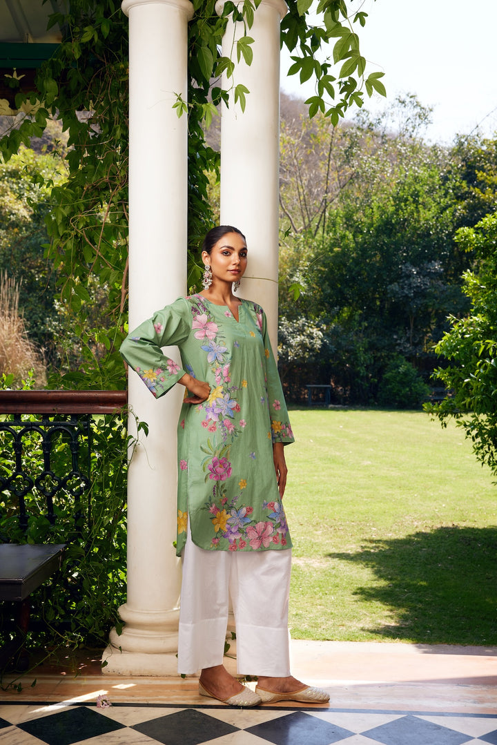 Gulzaar Sage Green Short Floral Kurta Set of 3