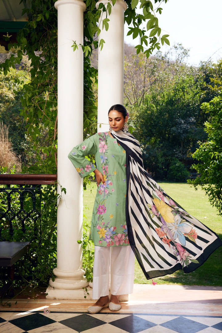 Gulzaar Sage Green Short Floral Kurta Set of 3