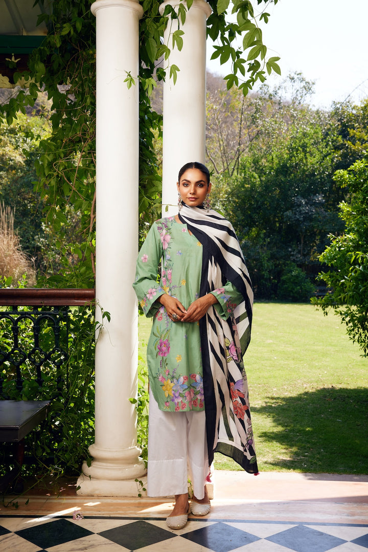 Gulzaar Sage Green Short Floral Kurta Set of 3