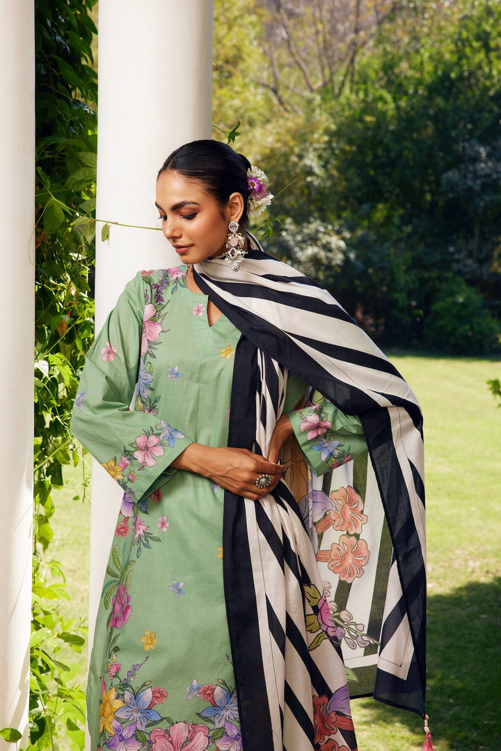 Gulzaar Sage Green Short Floral Kurta Set of 3