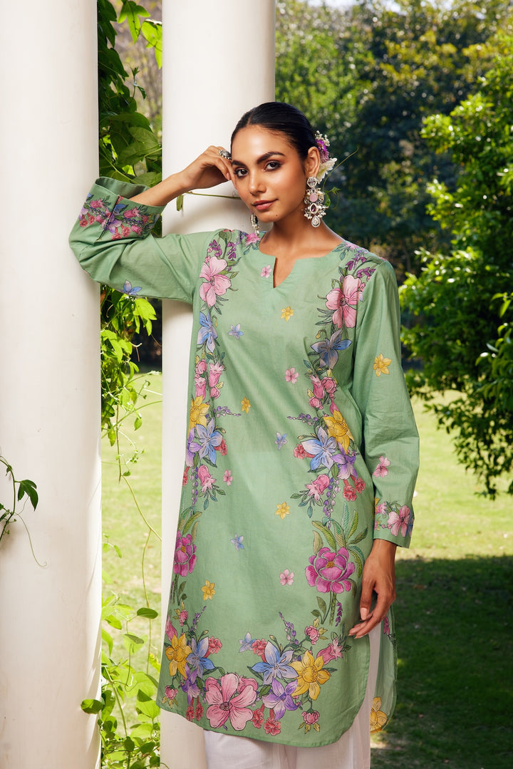Gulzaar Sage Green Short Floral Kurta Set of 3