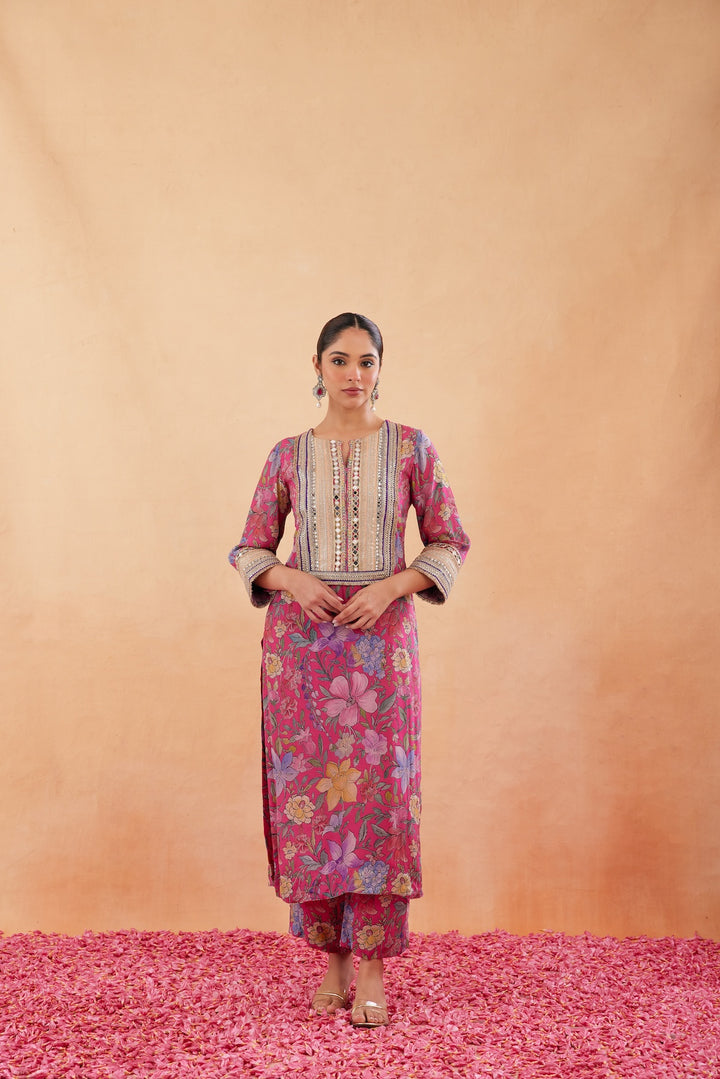 Ishq Hot Pink Printed Kurta Set of 3 -RTS