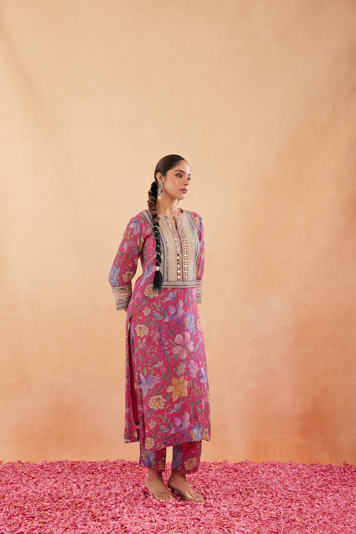 Ishq Hot Pink Printed Kurta Set of 3 -RTS