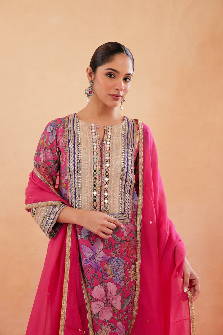 Ishq Hot Pink Printed Kurta Set of 3 -RTS