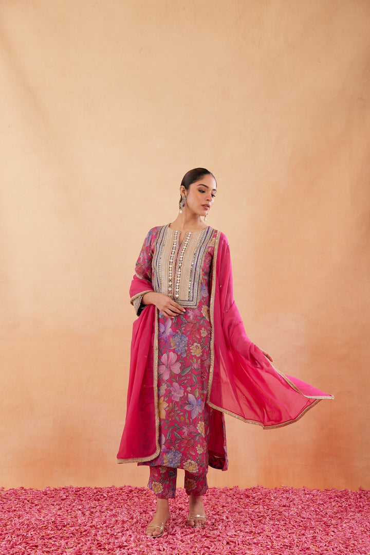 Ishq Hot Pink Printed Kurta Set of 3 -RTS