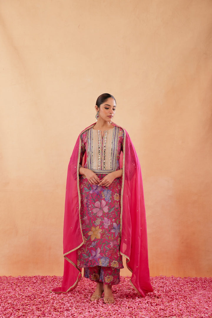 Ishq Hot Pink Printed Kurta Set of 3 -RTS