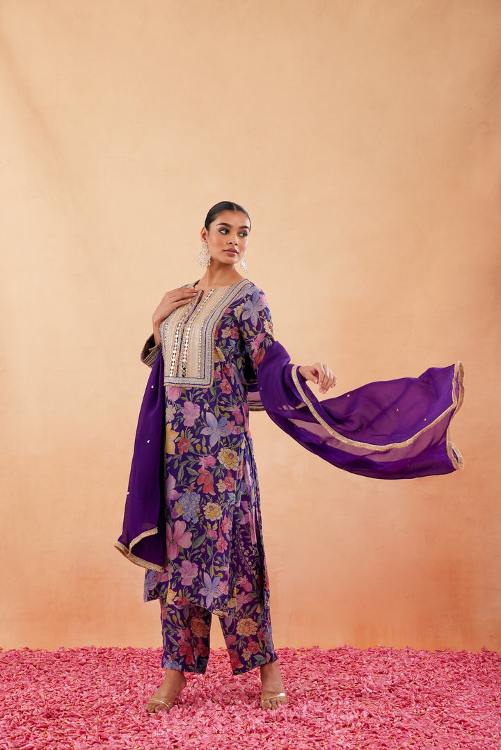 Ishq Purple Printed Kurta Set of 3-RTS