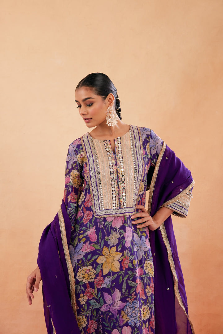 Ishq Purple Printed Kurta Set of 3-RTS