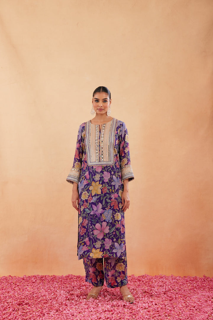 Ishq Purple Printed Kurta Set of 3-RTS