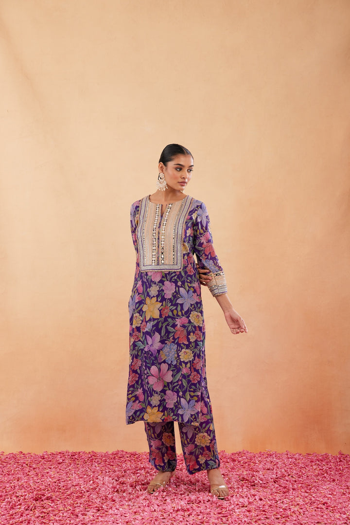 Ishq Purple Printed Kurta Set of 3-RTS