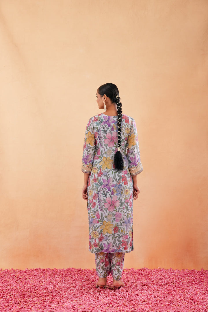 Ishq Aqua Blue Printed Kurta Set of 3-RTS