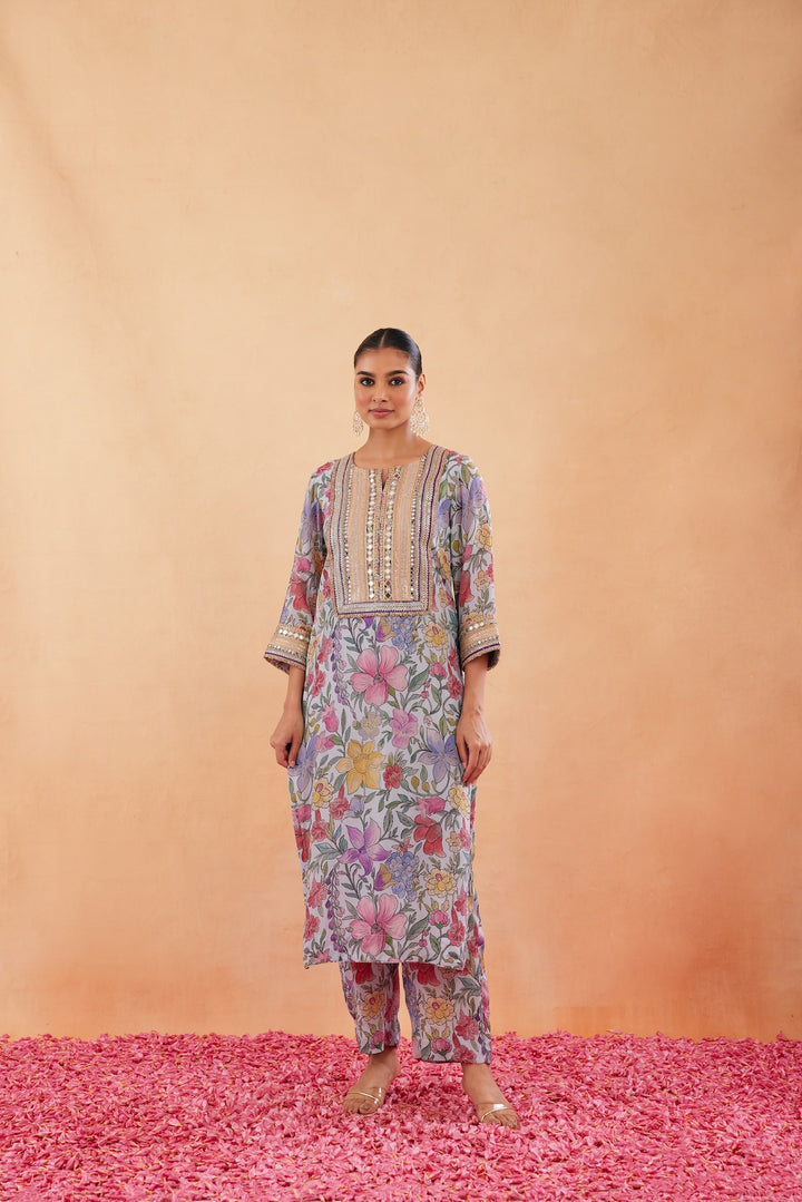 Ishq Aqua Blue Printed Kurta Set of 3-RTS