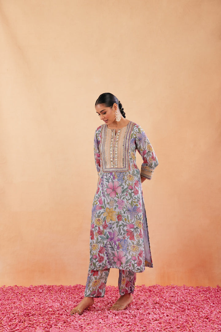 Ishq Aqua Blue Printed Kurta Set of 3-RTS