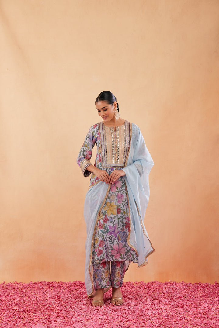 Ishq Aqua Blue Printed Kurta Set of 3-RTS