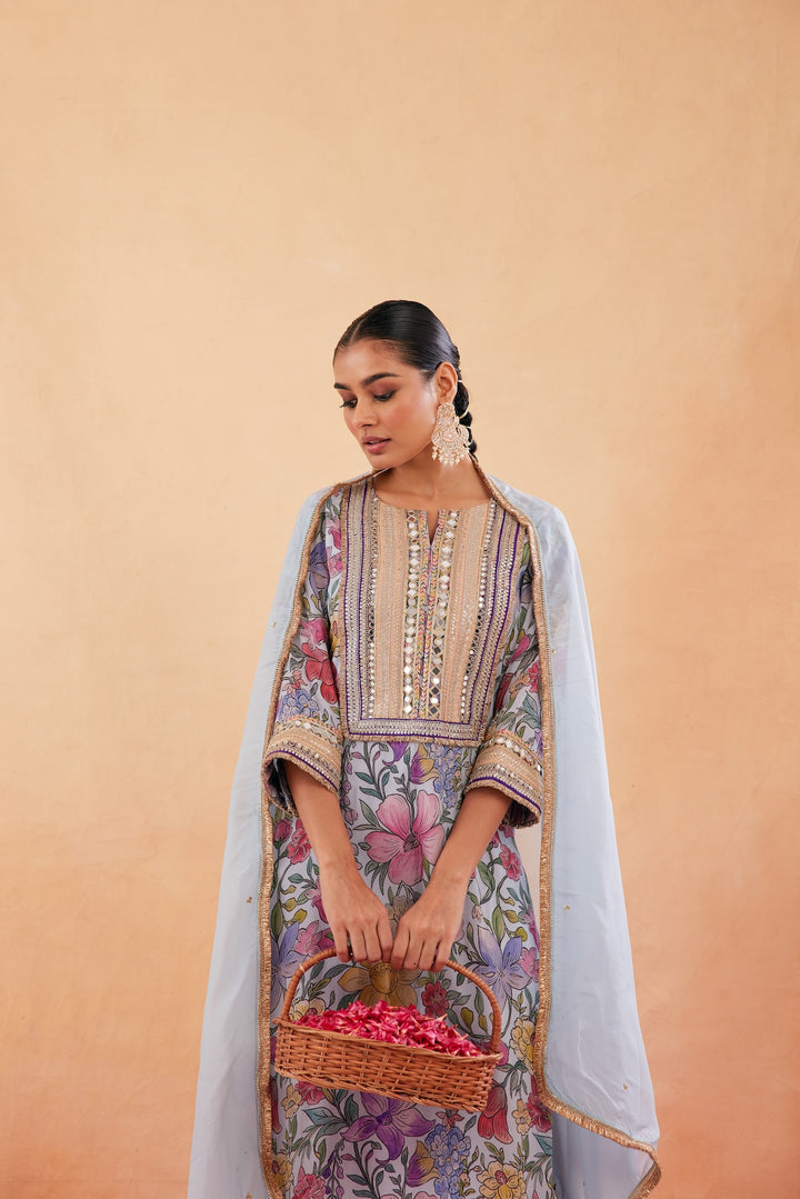 Ishq Aqua Blue Printed Kurta Set of 3-RTS