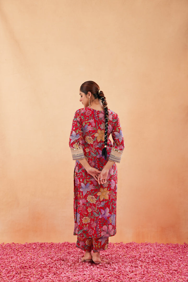 Ishq Red Printed Kurta Set of 3-RTS