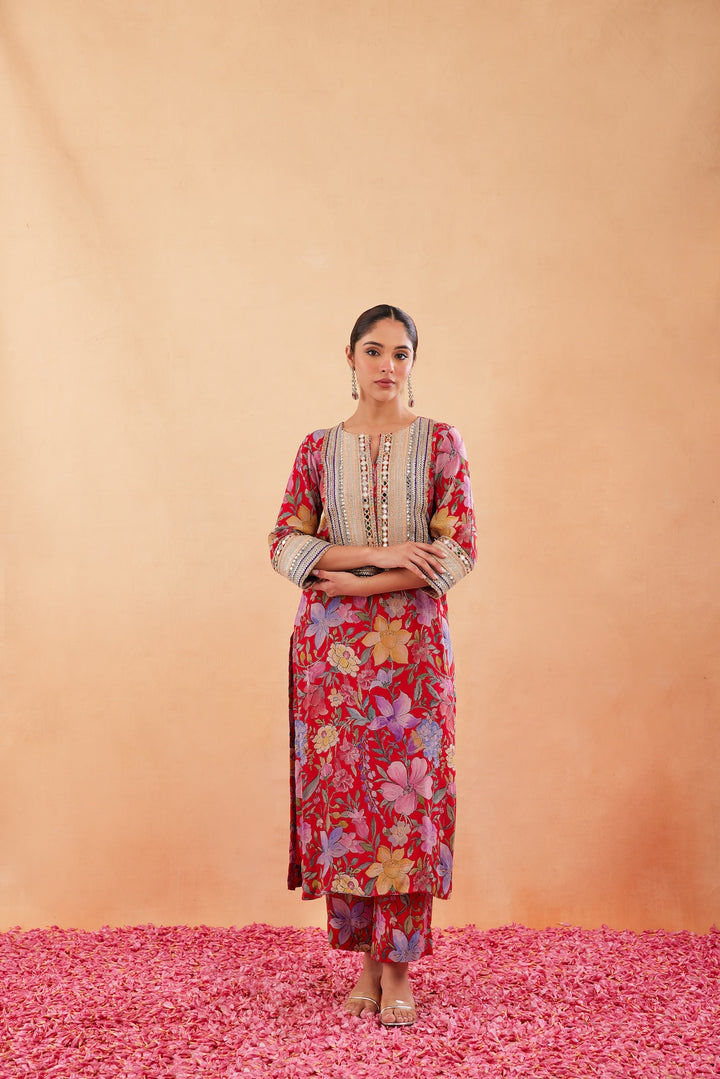 Ishq Red Printed Kurta Set of 3-RTS