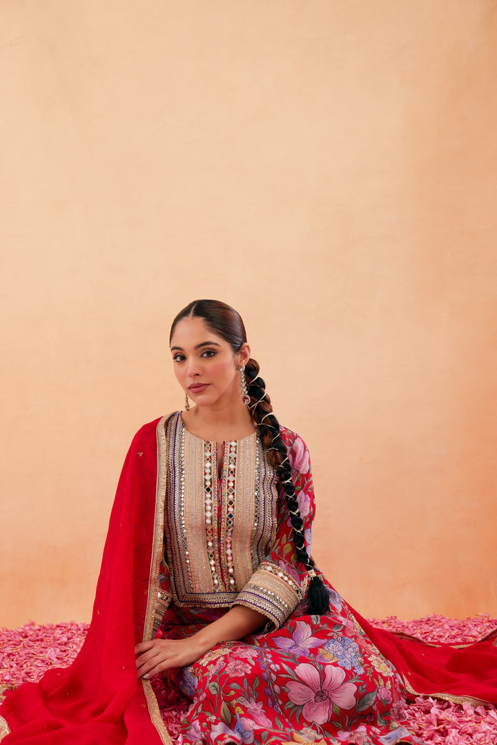 Ishq Red Printed Kurta Set of 3-RTS