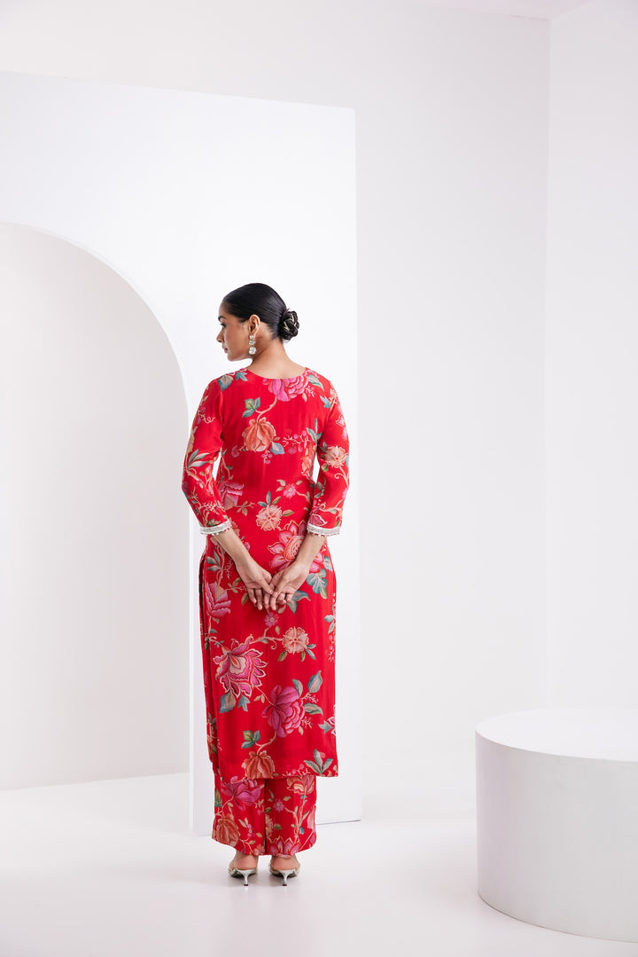 Kamal Red Printed Kurta Set of 3 -RTS