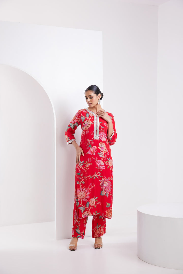 Kamal Red Printed Kurta Set of 3 -RTS