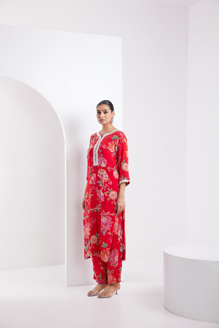 Kamal Red Printed Kurta Set of 3 -RTS