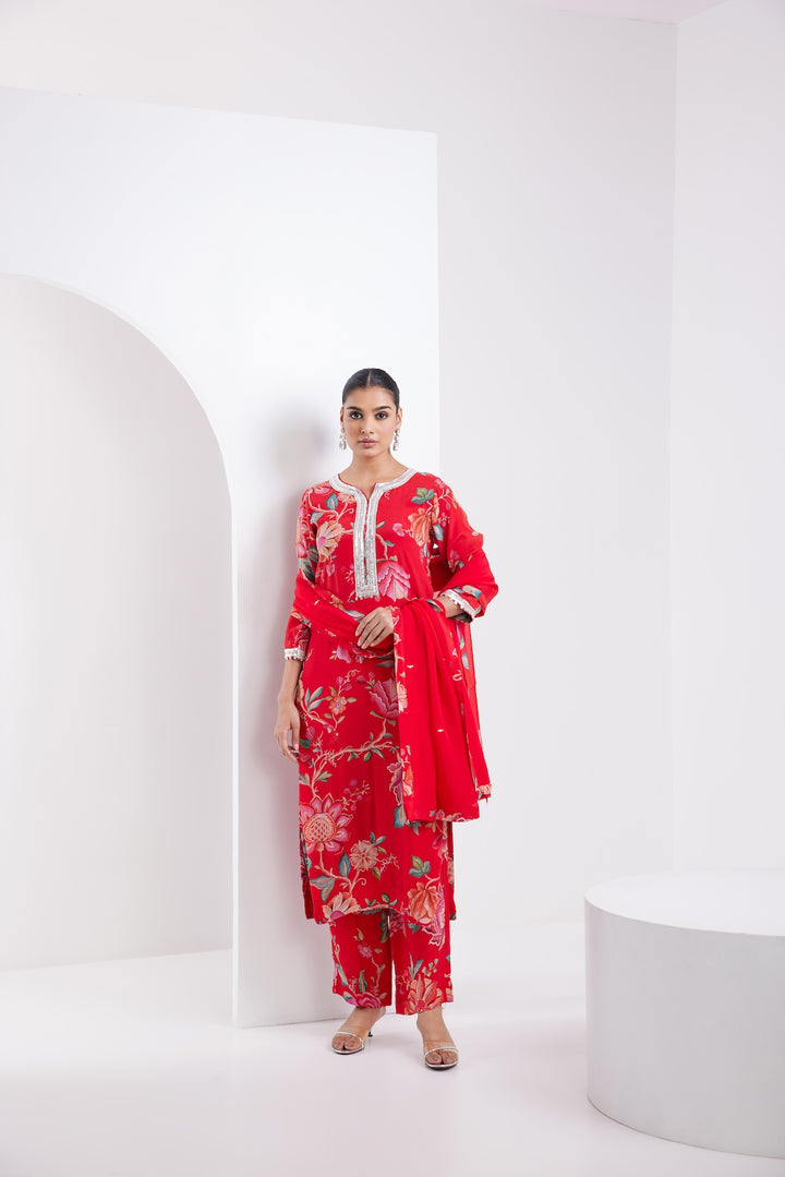 Kamal Red Printed Kurta Set of 3 -RTS