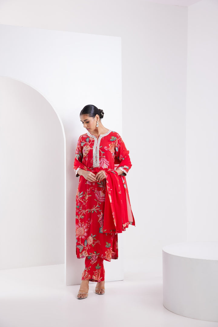 Kamal Red Printed Kurta Set of 3 -RTS