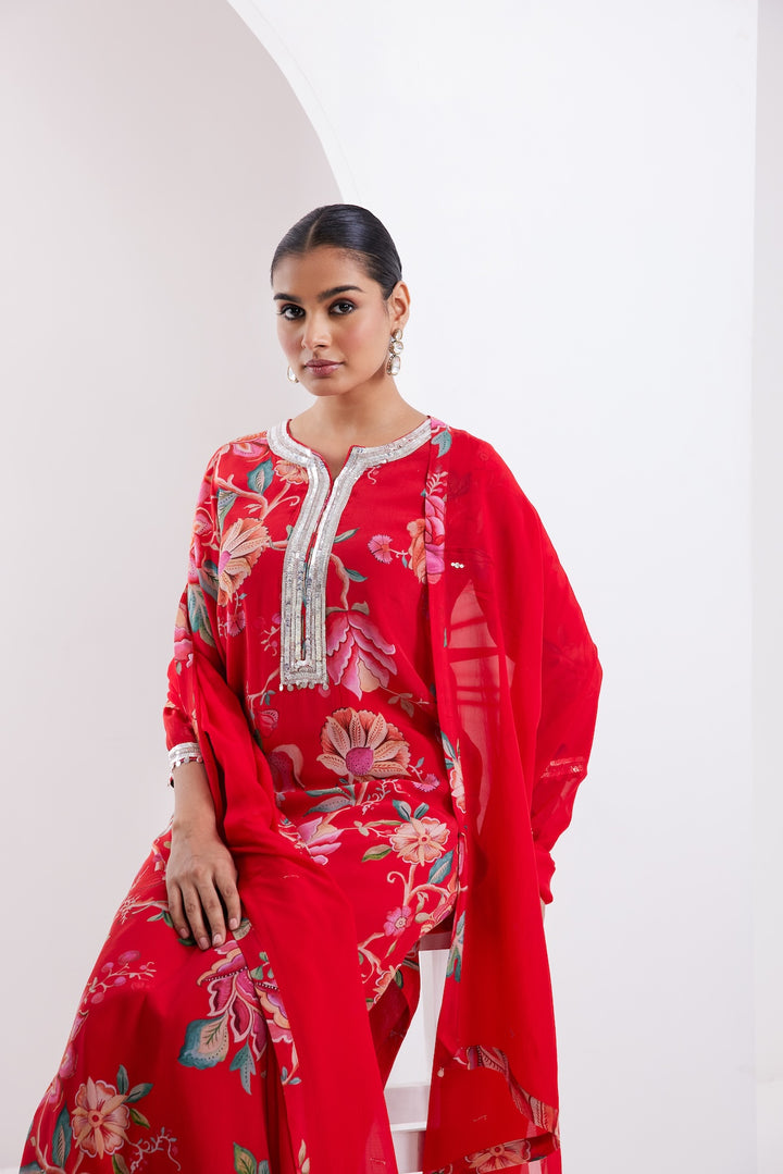 Kamal Red Printed Kurta Set of 3 -RTS