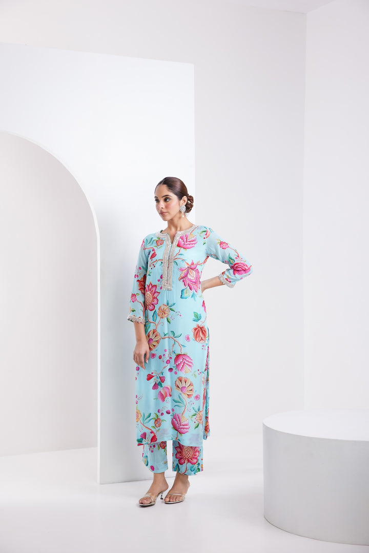 Kamal Aqua Blue Printed Kurta Set of 3