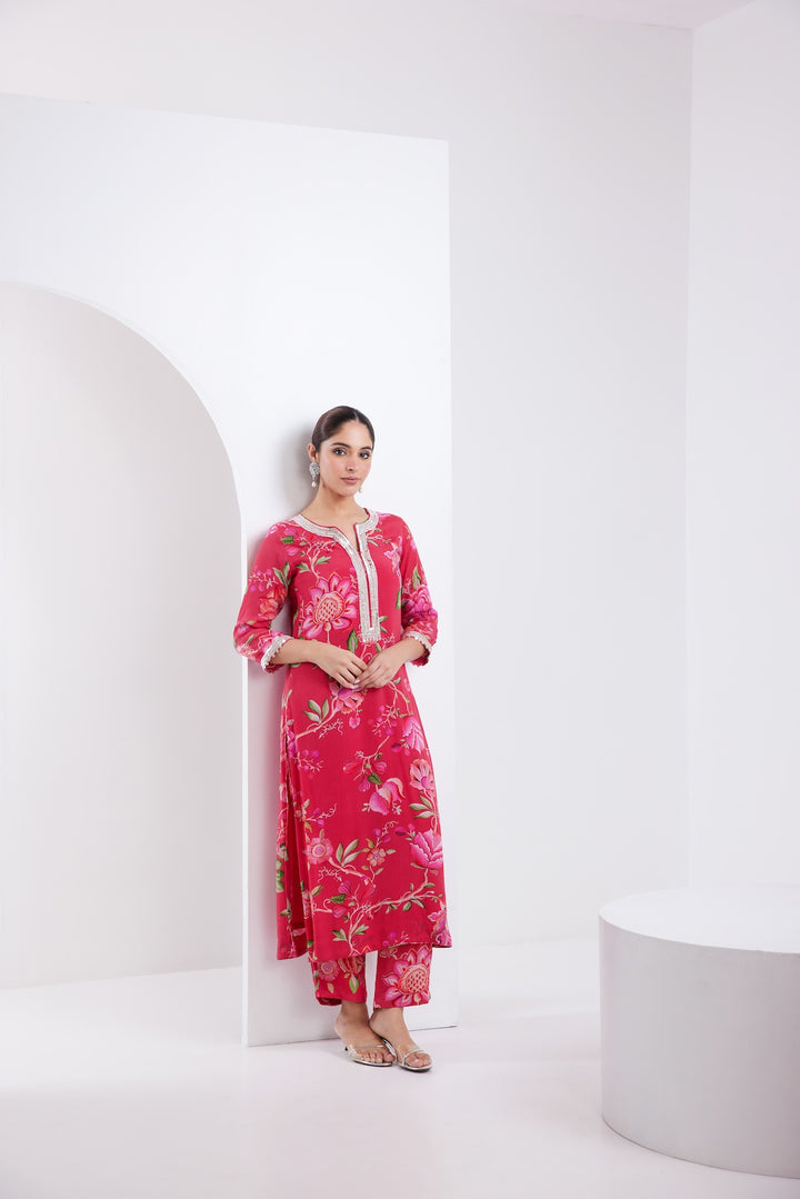 Kamal Hot Pink Printed Kurta Set of 3-RTS