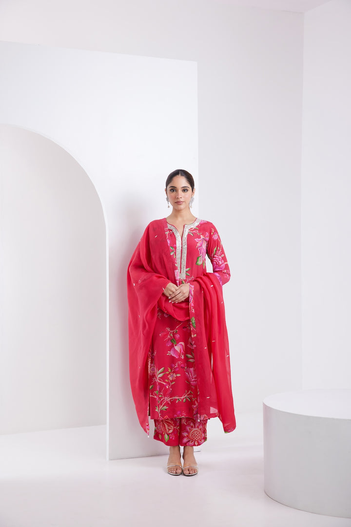 Kamal Hot Pink Printed Kurta Set of 3-RTS