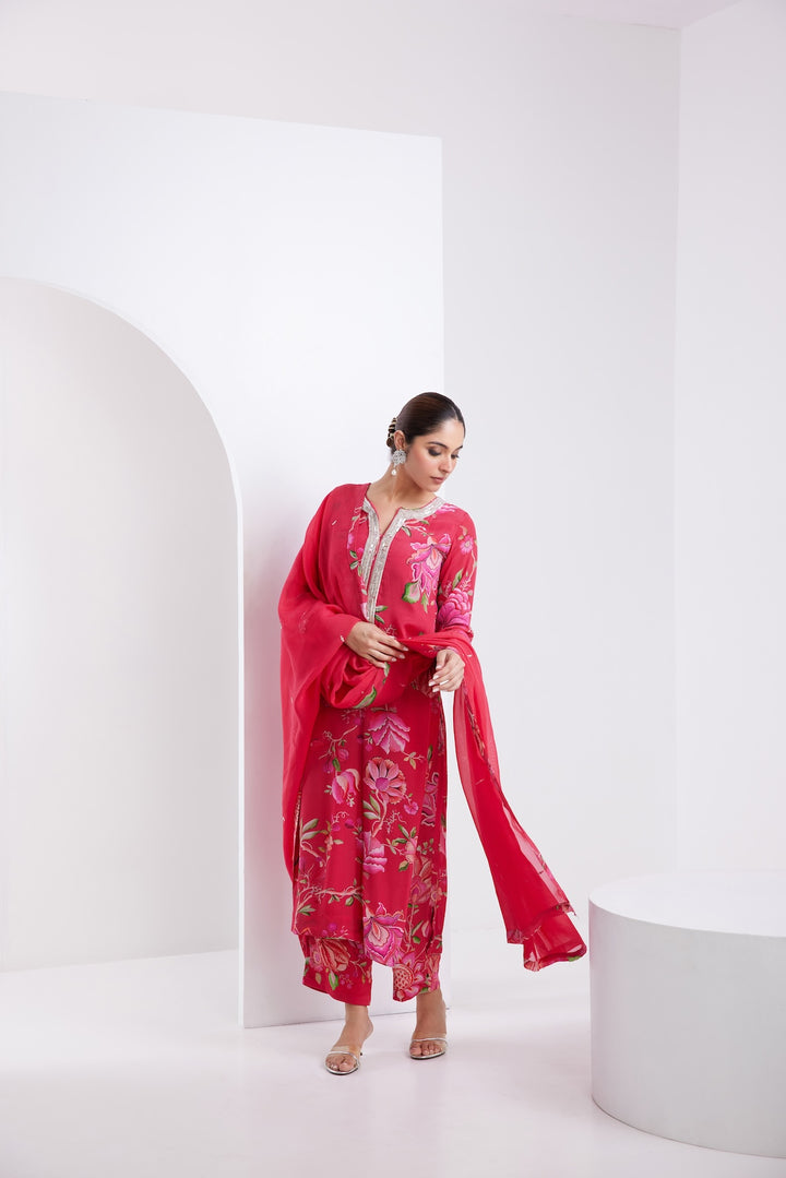 Kamal Hot Pink Printed Kurta Set of 3-RTS