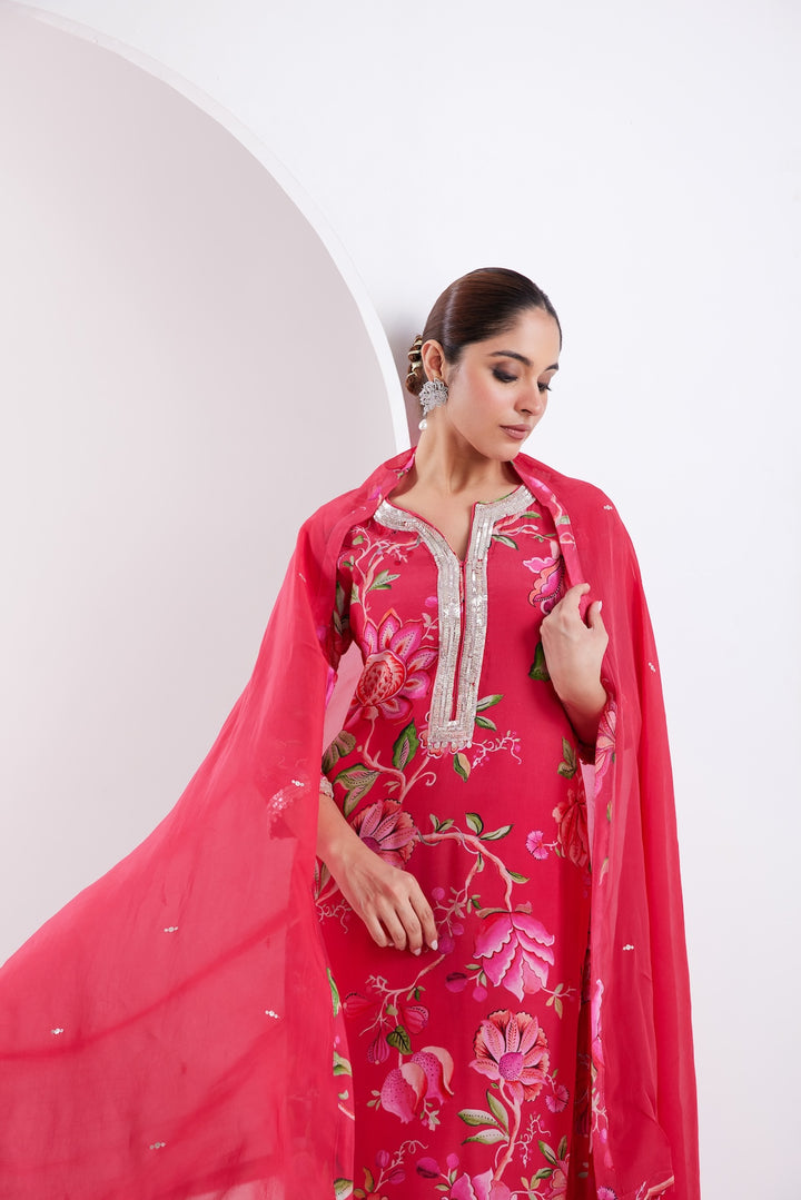 Kamal Hot Pink Printed Kurta Set of 3-RTS