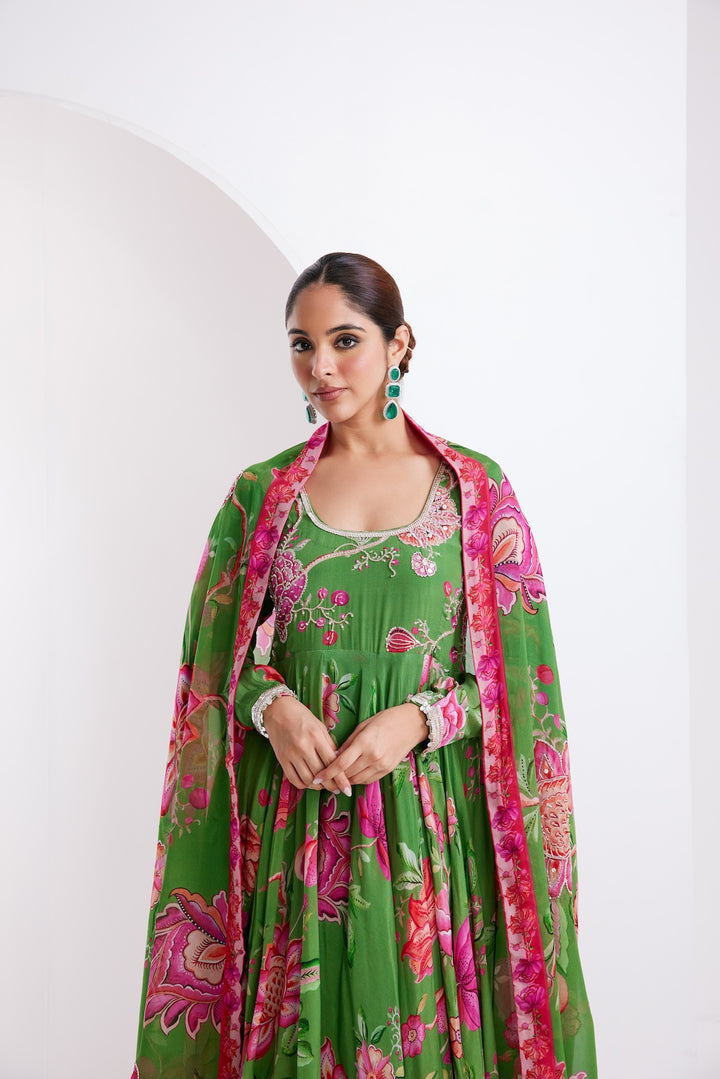 Kamal Green printed Anarkali with Chooridar and Dupatta- Set of 3
