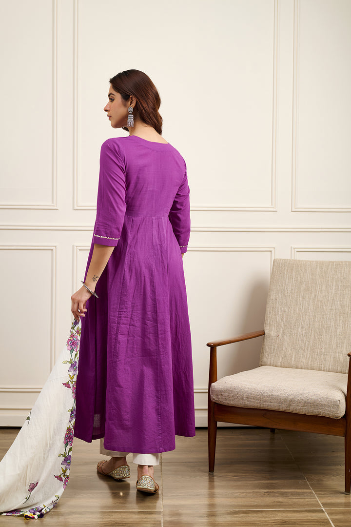 Gul Purple Cotton Kalidar Gota Kurta with Off White Hand Block Printed Palazzo and Mulmul Dupatta- Set of 3