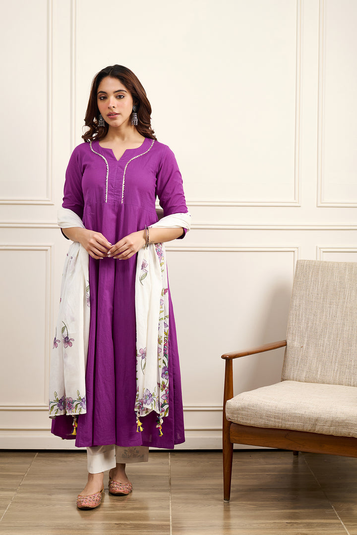 Gul Purple Cotton Kalidar Gota Kurta with Off White Hand Block Printed Palazzo and Mulmul Dupatta- Set of 3