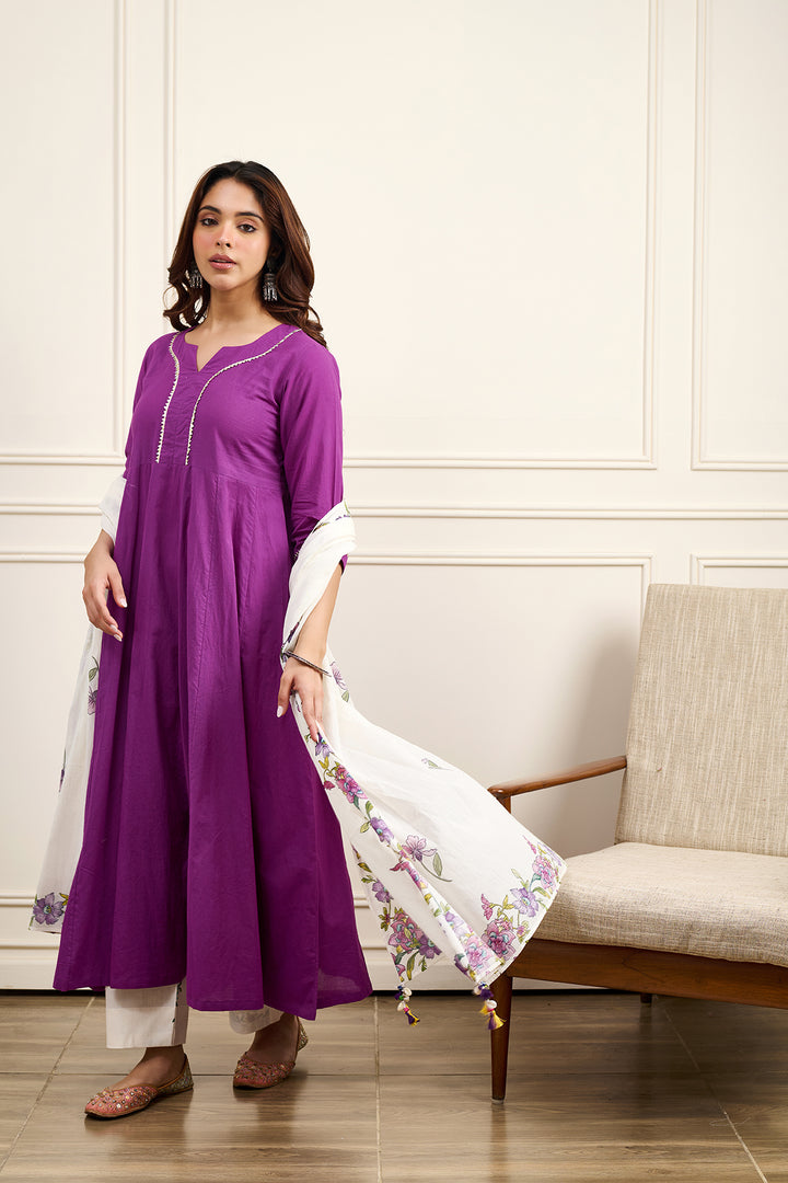 Gul Purple Cotton Kalidar Gota Kurta with Off White Hand Block Printed Palazzo and Mulmul Dupatta- Set of 3